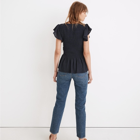 Madewell Flutter Sleeve Smocked Top EUC Size S Navy Blue - Picture 5 of 9